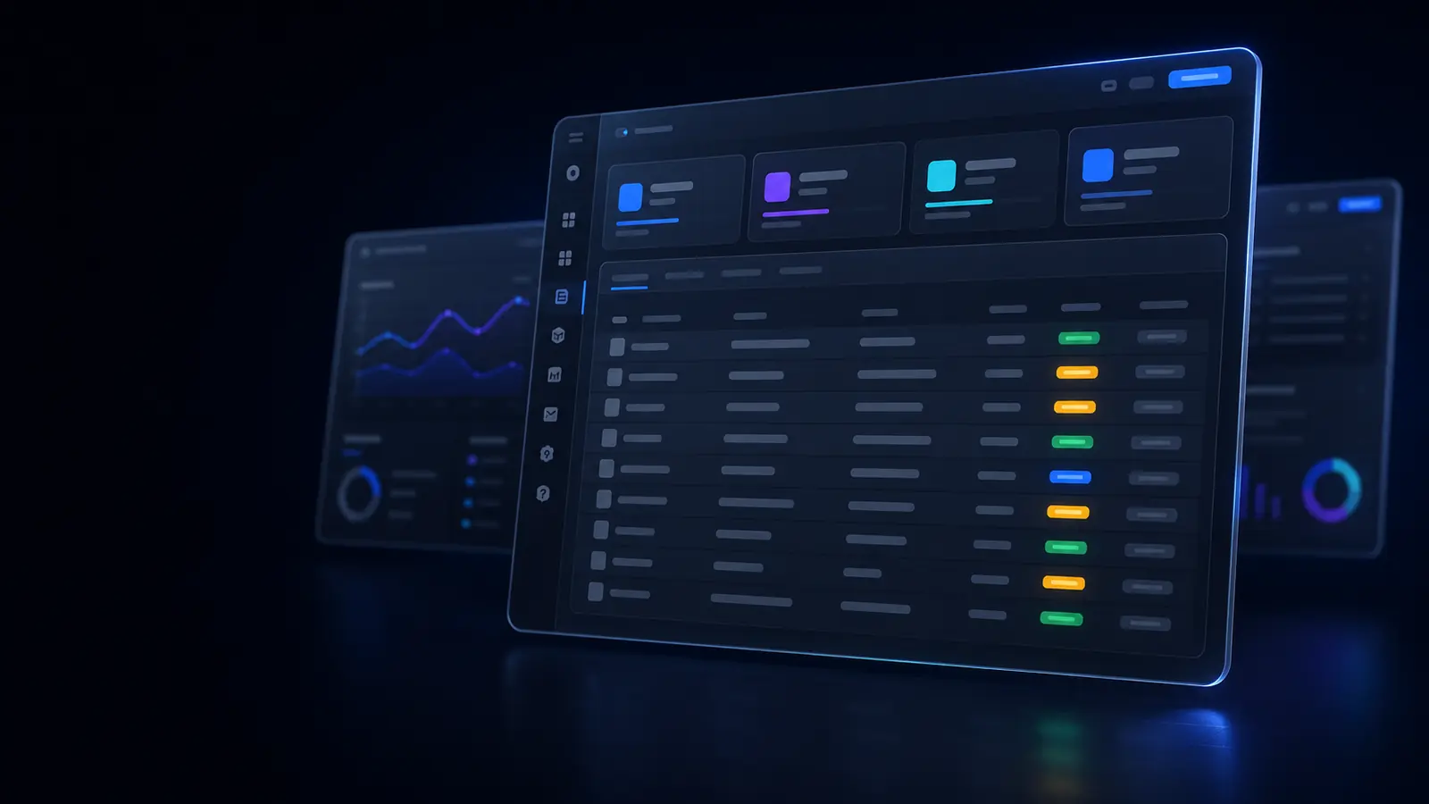 Modelo de ERP: menu lateral de módulos, quatro indicadores no topo e tabela de registros com situação colorida por linha.
